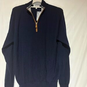 Peter Millar Navy Quarter-Zip Sweater with Tan Leather Pull